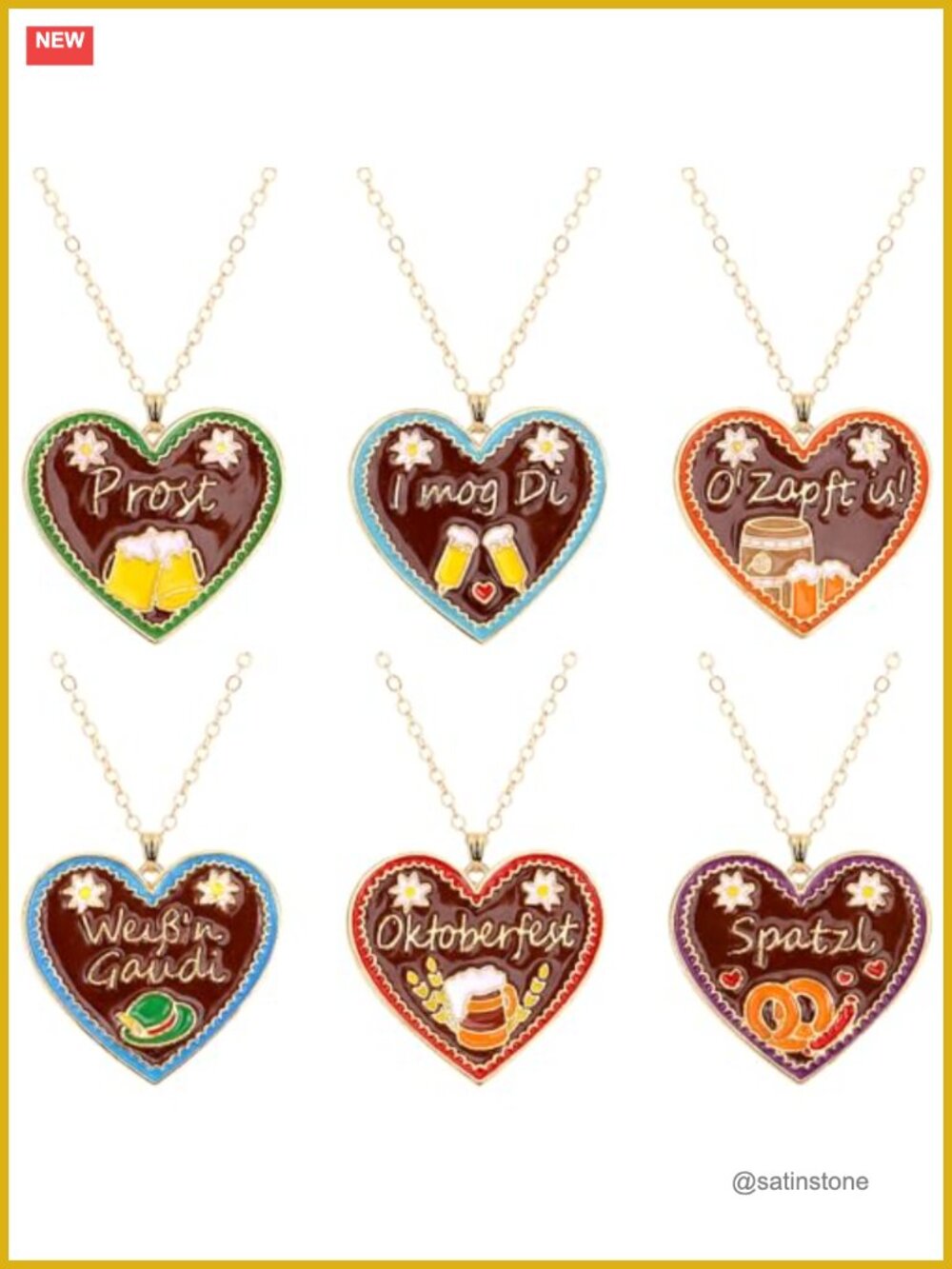 Oktoberfest Gingerbread Heart Necklace Set of 6 Dirndl Bavarian Jewelry